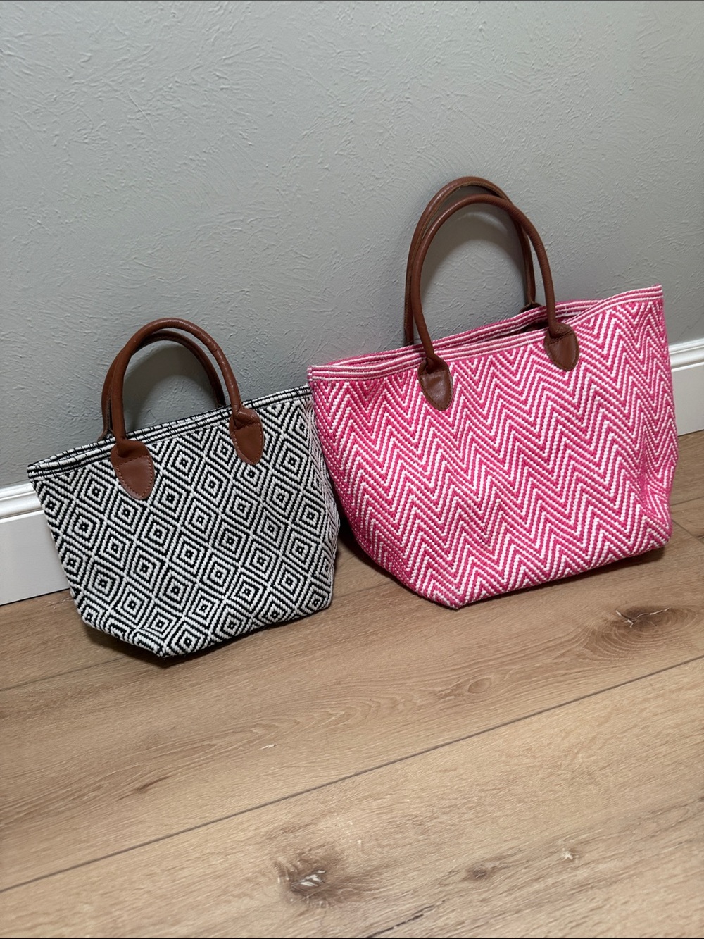 Pink Woven Chevron Satchel with Brown Handles